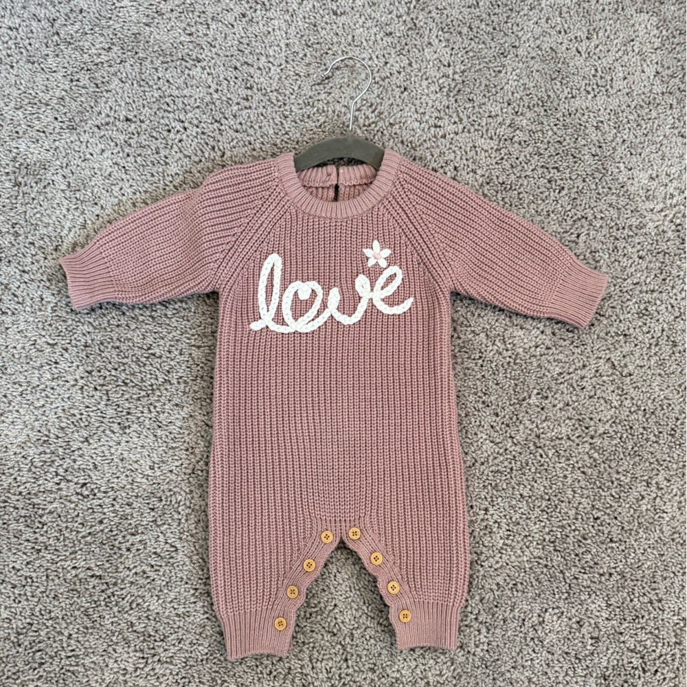 Pink Knit Baby Onesie with 'Love' Chunky Knitted Design